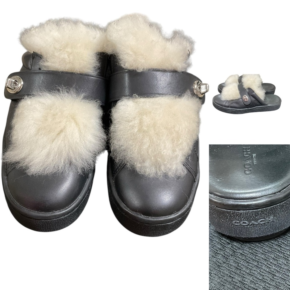 Coach Lo-Top Black Leather Slide / Mule  shoes with shearling trim. Size‎ 7.5 B